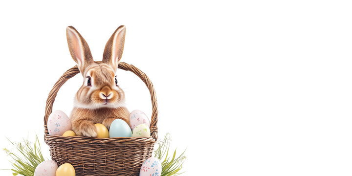 Easter banner with a bunny and a basket of painted colorful eggs isolated on transparent background. Happy Easter banner for advertisement, header, easter rabbit, egg, and spring flowers, copy space