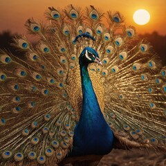 Obraz premium Illustration: A peacock spreading its vibrant, multicolored pinions under a golden sunset.
