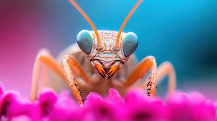 Fototapeta premium This stunning close-up image captures a colorful mantis perched on vibrant pink petals, showcasing the intricate details of its eyes and unique body structure, which illustrates the beauty and comple