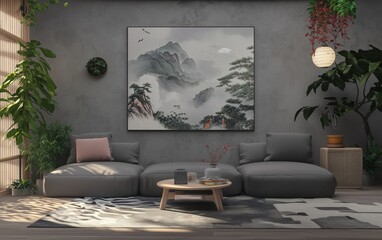 Modern interior of a living room with clean sofa and art print
