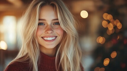 Obraz premium Smiling woman with long hair in cozy setting.