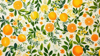 Vibrant Citrus Oranges with Green Leaves and Summer Flowers Design