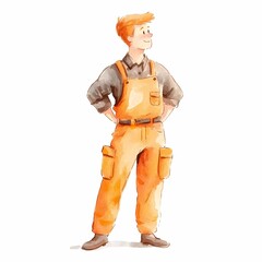 Fototapeta premium Watercolor. Cheerful male worker in orange overalls, standing confidently with hands on hips.