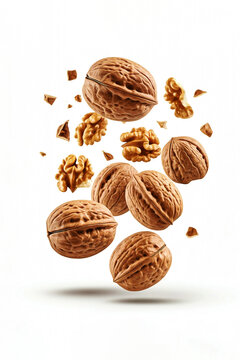 Walnuts levitating in the air on a white background.