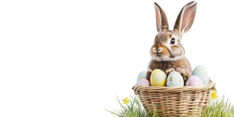 Easter banner with a bunny and a basket of painted colorful eggs isolated on transparent background. Happy Easter banner for advertisement, header, easter rabbit, egg, and spring flowers, copy space