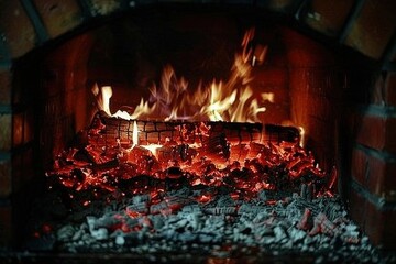 Crackling firewood flames cozy fireplace interior scene warm atmosphere close-up view serenity and comfort