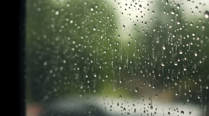 Obraz premium Rain droplets on a windowpane obscure a green background