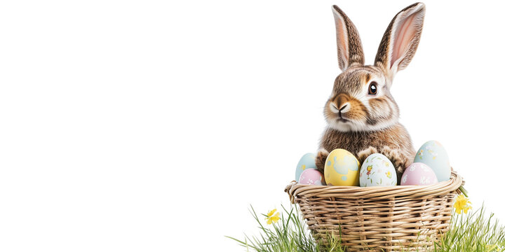 Easter banner with a bunny and a basket of painted colorful eggs isolated on transparent background. Happy Easter banner for advertisement, header, easter rabbit, egg, and spring flowers, copy space