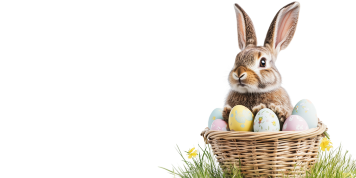 Easter banner with a bunny and a basket of painted colorful eggs isolated on transparent background. Happy Easter banner for advertisement, header, easter rabbit, egg, and spring flowers, copy space - Powered by Adobe