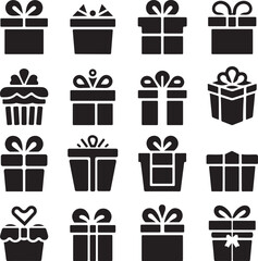 Gift box icon set. Present gift box tied, open, and sparkle for Christmas, birthday, valentine, wedding event, party, celebration, and achievement success. Vector illustration.