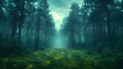 Obraz premium beautiful panorama landscape with sun and forest and meadow at sunrise. sun rays shine through trees. panoramic view 