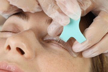 Fototapeta premium Eyelash lamination procedure. Esthetician applying adhesive on woman's lashes in beauty salon, closeup