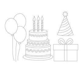 birthday cake set. Set of Birthday Icon Coloring Pages for Kids – Fun Party Elements Outline. Set of icon birthday coloring page. 
