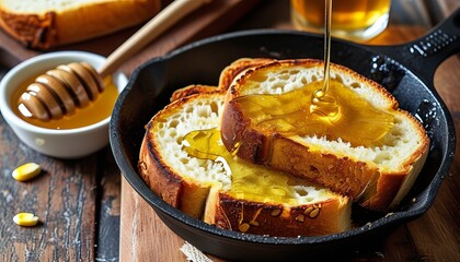 Delicious Cornbread with Honey Drizzle in a Cast Iron Skillet