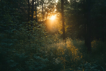 Obraz premium beautiful panorama landscape with sun and forest and meadow at sunrise. sun rays shine through trees. panoramic view 
