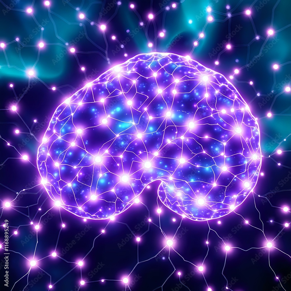 Poster ethereal bioluminescent brain with glowing neural networks