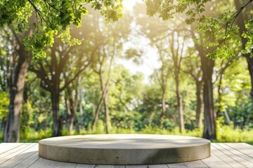 Clean wooden podium with hot summer forest background