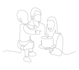 Family Birthday Celebration in Continuous Line Art Traditional Cake and Joyful Moments.  Black linear sketch isolated on white background. Vector illustration. 