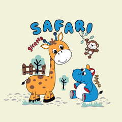 Adorable giraffe vector illustration playing happily with animal friends in a vibrant zoo scene
