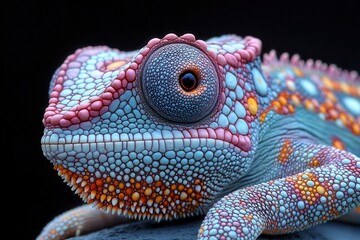 a closeup reveals the vibrant hues and intricate patterns of a colorful chameleon lizard showcasing its ability to blend with its surroundings while standing out in detail