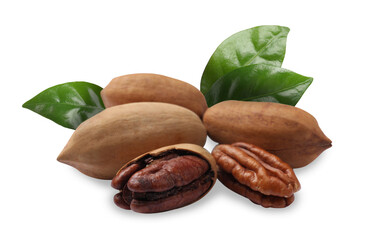 Tasty pecan nuts and green leaves isolated on white