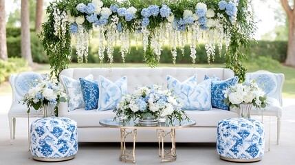 Elegant Outdoor Wedding Setup  Blue   White Floral Decor