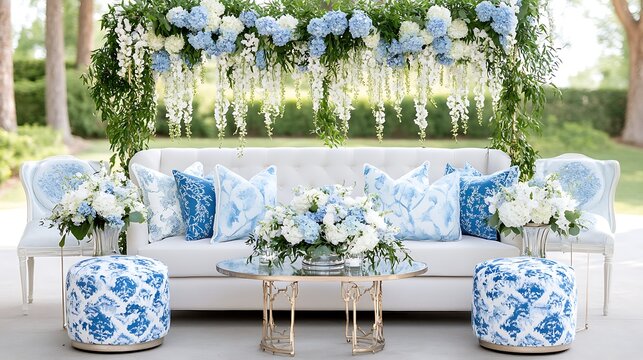 Elegant Outdoor Wedding Setup  Blue   White Floral Decor