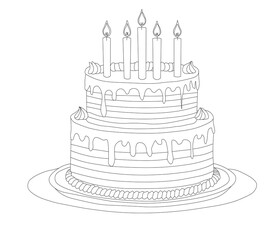 A birthday cake on a table, decorated with candles ready to be blown out. Birthday Cake with Lit Candles Outline Design for Celebrations. 