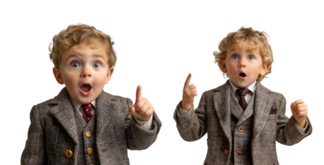 A surprised child wearing a gray suit and red tie sto
