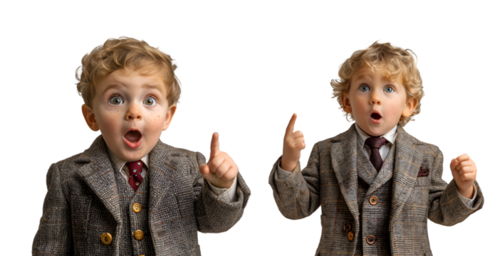 A surprised child wearing a gray suit and red tie sto