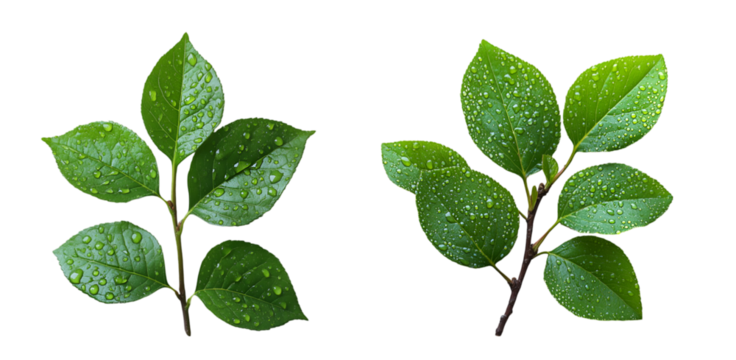 A small branch with green leaves with dew drops on
