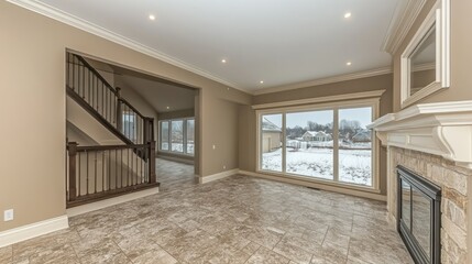 Obraz premium Spacious living room with elegant staircase and large windows.