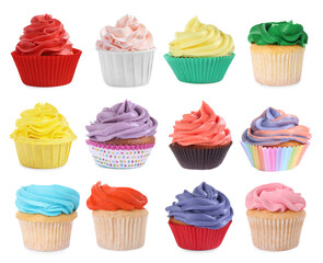 Yummy cupcakes with cream isolated on white, collage