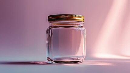 Empty glass jar with gold lid on pink background, soft light.