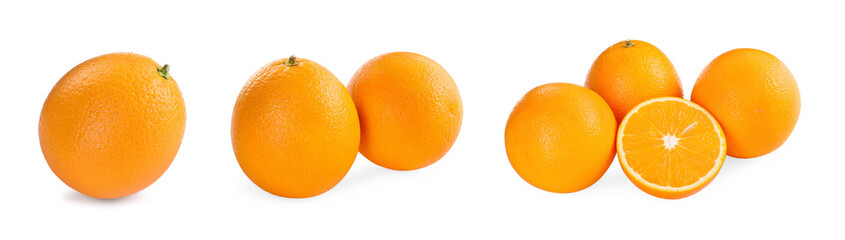 Fresh juicy oranges isolated on white, set