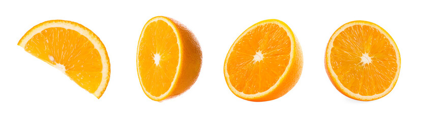 Sliced juicy oranges isolated on white, set