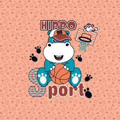 cute hippo vector who loves basketball sport