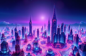 Fototapeta premium Futuristic Cityscape at Twilight - Vibrant Neon Metropolis