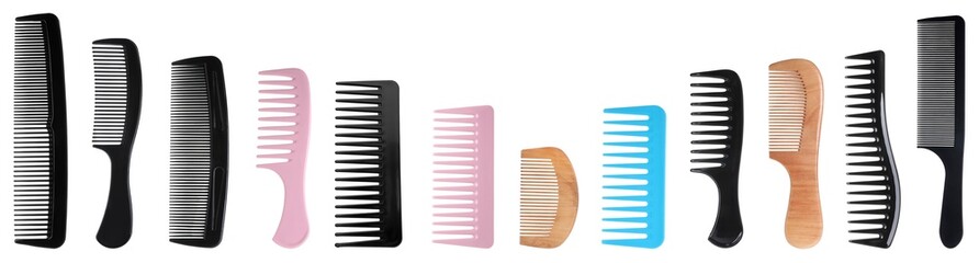 Different hair combs isolated on white, set