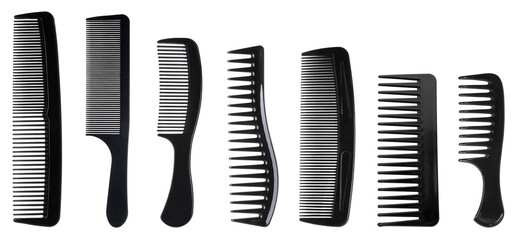 Different hair combs isolated on white, set
