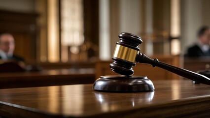 Courtroom scene featuring a judge's gavel on the desk, symbolizing justice, authority, and the administration of the law in a formal legal setting.