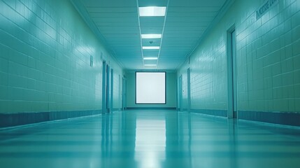 Fototapeta premium Empty hospital hallway with blank frame, doors in background.