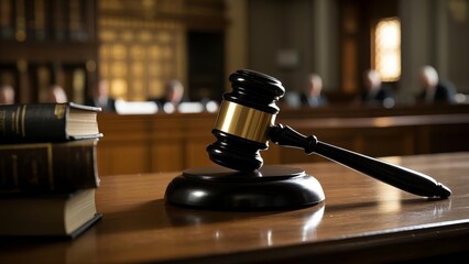 Courtroom scene featuring a judge's gavel on the desk, symbolizing justice, authority, and the administration of the law in a formal legal setting.