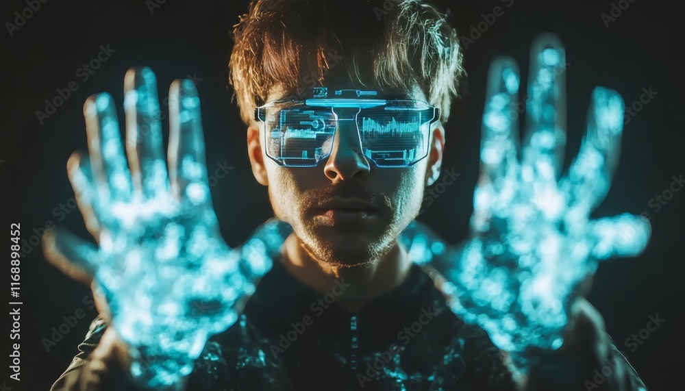 Aufkleber man immersed in futuristic technology, interacting with augmented reality holographic interface.