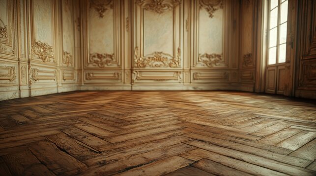 Empty ornate room with parquet floor, window light.