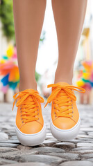 Colorful samba shoes dance on a cobblestone street under the bright midday sun
