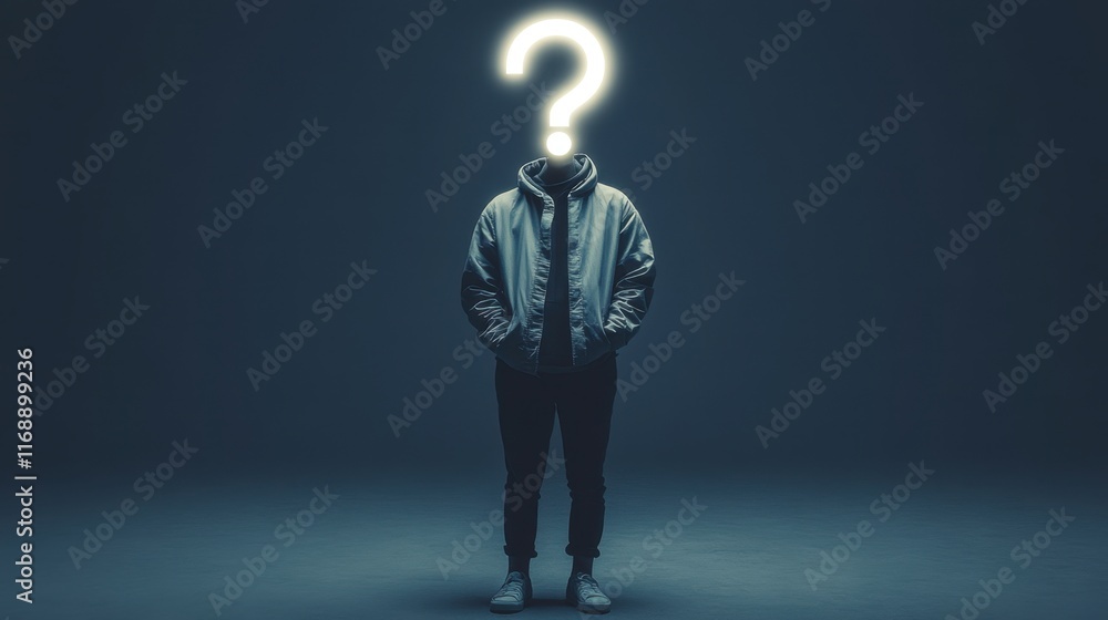 Poster mysterious figure with illuminated question mark for conceptual use