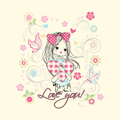 Beautiful girl vector in attractive fashion style surrounded by flowers and butterflies in a vibrant background
