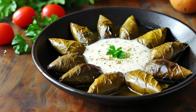Delicious Dolmadakia with Creamy Avgolemono Sauce in Black Bowl