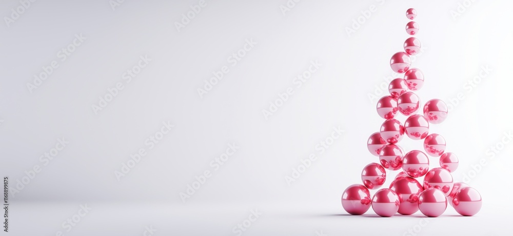 Poster Stacked pink spheres creating a visually striking abstract sculpture, showcasing reflections and smooth surfaces against a minimalist background, copy space for text